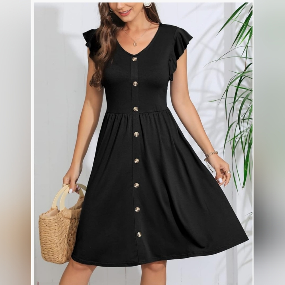 Lamilus Women's Casual Summer Ruffle Sleeve V-Neck Button Down A-Line